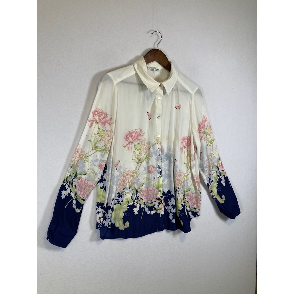 Whimsical Chic Floral Butterfly Blouse Women Medium Ivory Navy Blue Long Sleeve - Picture 9 of 9